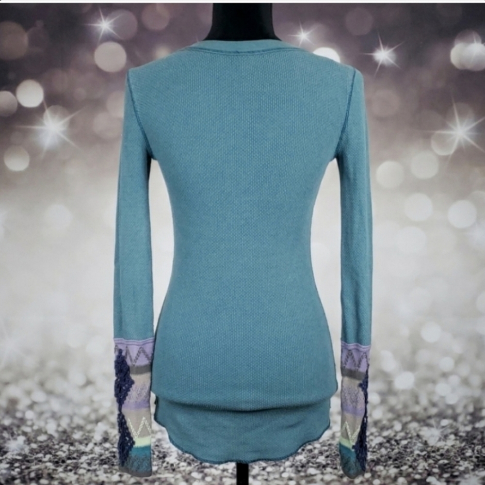 Free People Teal Ribbed Long Sleeve Tee with Patchwork Cuffs - Picture 3 of 4